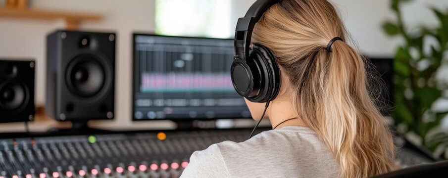 Focused Female Music Producer Listening to Sound Track in Modern Recording Studio with Professional Equipment