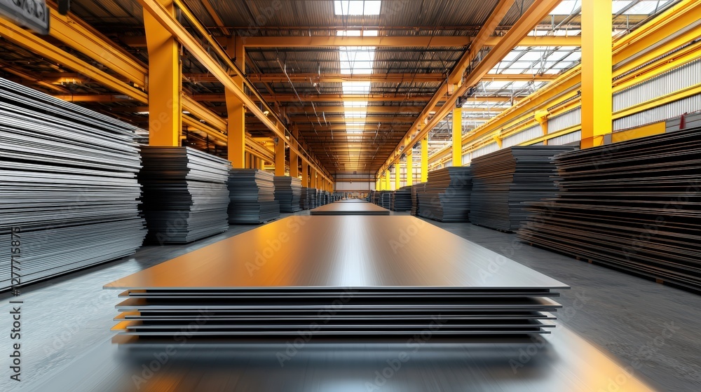 Poster a spacious warehouse filled with neatly stacked metal sheets, illuminated by natural light filtering