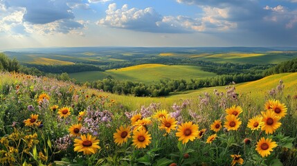 Sunflowers in Bloom Over Rolling Hills Landscape