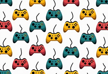 Playful Game Controller Pattern: Repeating Cute 2D Design with Smooth Lines and Vibrant Colors on a White and Yellow Background, Perfect for Gaming Apparel and Accessories.

