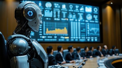 Fototapeta premium Robot Attending Business Meeting with Data Dashboard Display