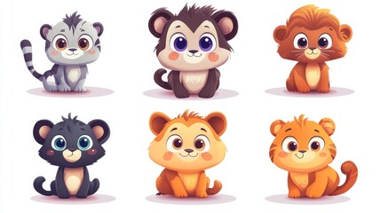 Cute cartoon baby animals, cubs, sitting in a row.