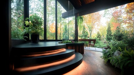 Modern Home Interior  Sunlit Kitchen Island  Wooden Stairs  Lush Greenery  Autumnal View