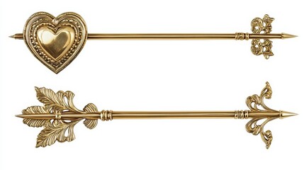 Golden bow and heart-tipped arrow set with intricate engravings, elegant and luxurious design, cut out on a white background