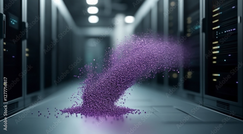 Poster data transfer glowing purple code flowing between servers in data center