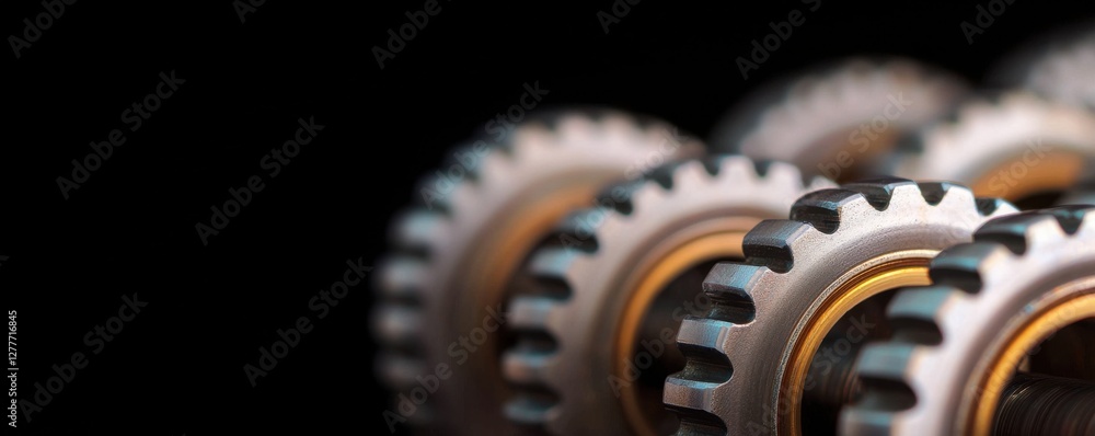 Poster close-up of precision gears with intricate design and shiny metallic finish on a dark background