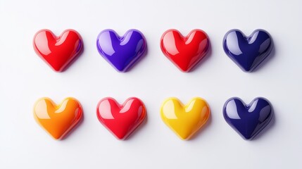 Fototapeta premium Group of heart icons in bold colors and different sizes, Valentine's themed, digitally cut out and presented on a plain white background