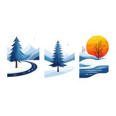 Minimalist winter landscape with trees, mountains, and sunset