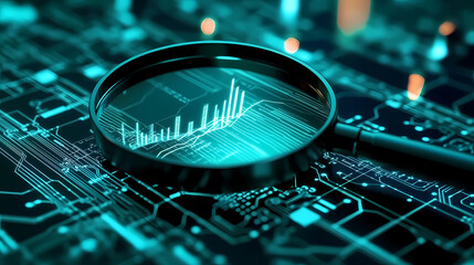 Magnifying Glass on Circuit Board Focuses on Data Chart