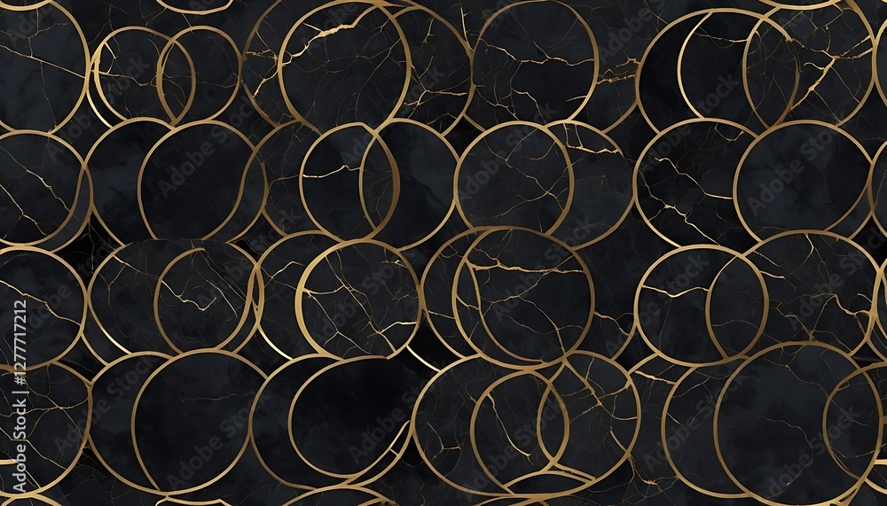 Poster elegant geometric pattern, black marble with intersecting golden circles