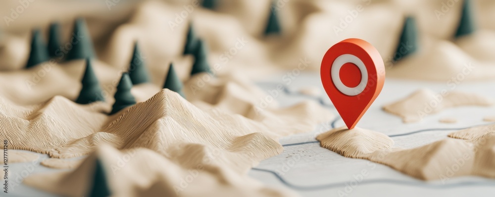 Poster creative 3d map illustration with red pin pointer and miniature mountains and pine trees for travel 