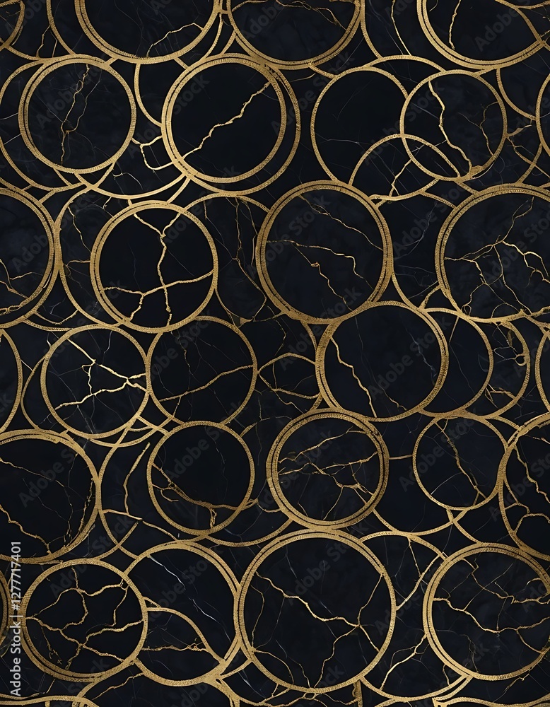 Poster elegant seamless pattern of golden circles on dark marble texture