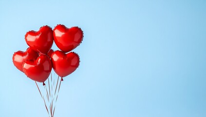 Red heart balloons floating on a blue background for love, event, or romantic