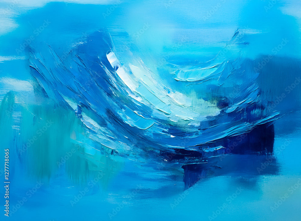 Poster abstract painting featuring flowing brushstrokes in shades of blue, creating a dynamic and serene co
