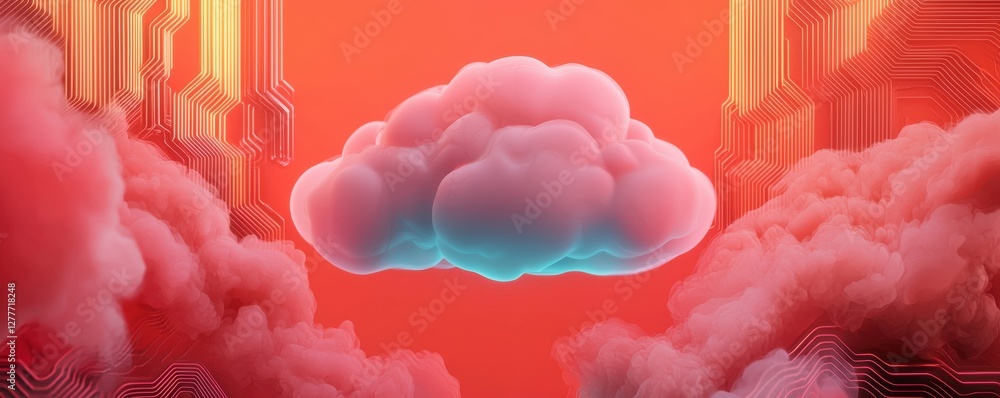 Poster abstract cloud design with vibrant pink and orange background featuring digital circuit patterns and