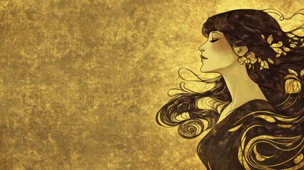 Elegant woman in profile with flowing hair and gold background