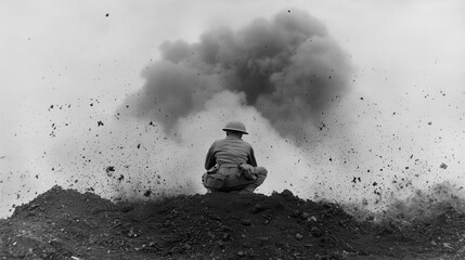 Soldier Observing Explosion in a War Zone Black and White Photo