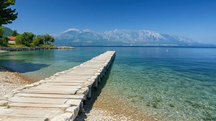 Obraz premium Serene Coastal Wooden Pier Leading to Crystal-Clear Adriatic Sea with Mountain View