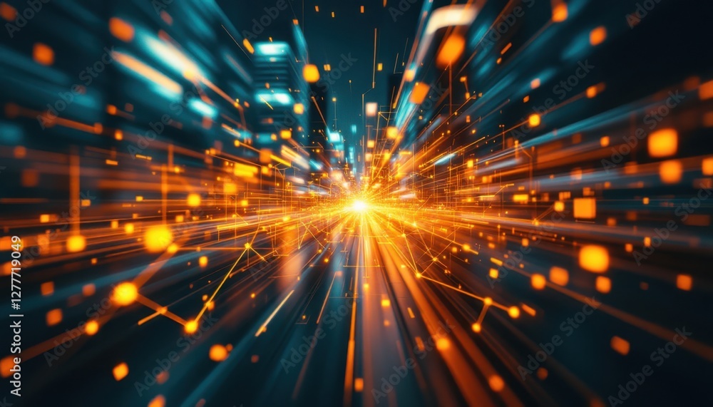 Poster dynamic abstract burst of digital lights and network connections in motion