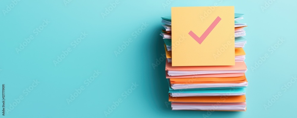 Poster colorful stack of paper with a sticky note showing a checkmark on a bright background