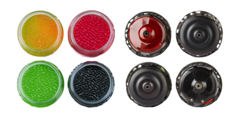 Colorful spinning tops in vibrant hues, unique patterns for play