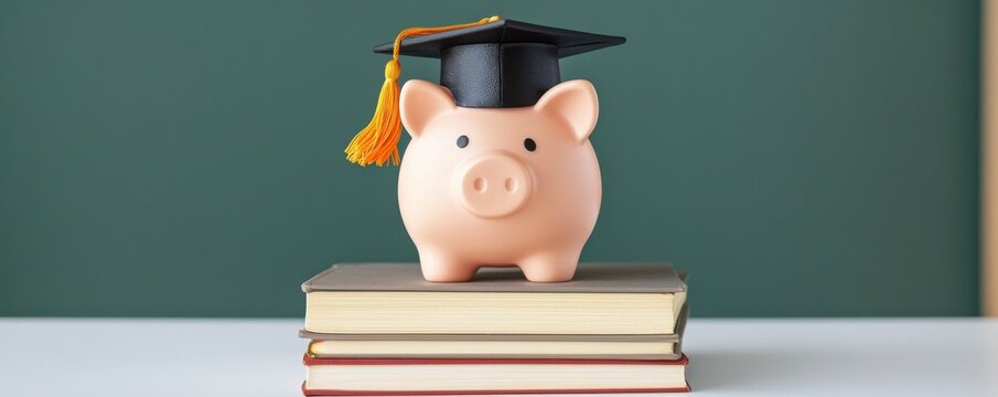 Piggy bank wearing graduation cap on stack of books, symbolizing financial literacy and education success