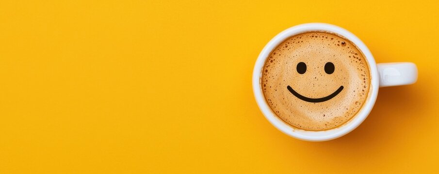 Cheerful Cup of Coffee with Smiley Face on Foam against Vibrant Yellow Background for Feel-Good Vibes