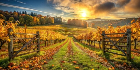 Fototapeta premium Autumnal Vineyard Pathway at Sunrise Golden Leaves, Rustic Gates, and Serene Landscape
