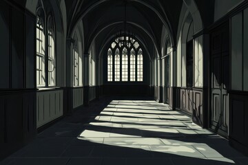 Fototapeta premium Light streams through arched windows in a gothic corridor