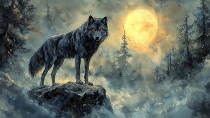 Black wolf under full moon