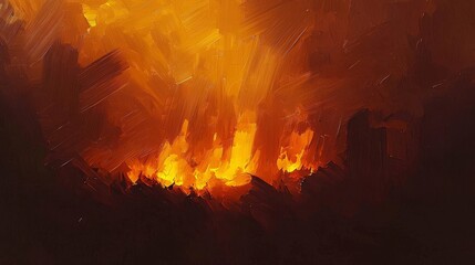 Fototapeta premium Expressive brushwork depicts a dynamic fire amidst trees.