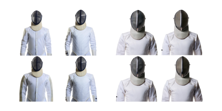 Fencing Gear Display on Mannequins Showing Protective Equipment Styles