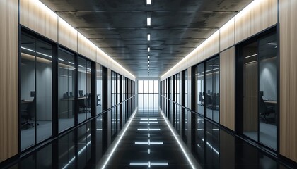 Fototapeta premium Sleek office corridor with modern design and abundant natural light