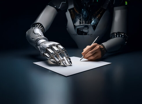 A robot hand and a human hand work together to write on a blank piece of paper, representing the fusion of technology with human skill.