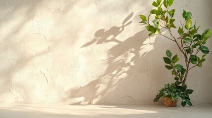 Sunlit Plant Shadow on Beige Wall  Minimalist Interior Design  Home Decor  Greenery