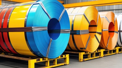 Colorful metal coils stacked on pallets in a warehouse, showcasing vibrant hues of blue, yellow, and orange.