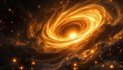 Obraz premium Golden spiral galaxy swirling in cosmic space with stars and nebulous clouds