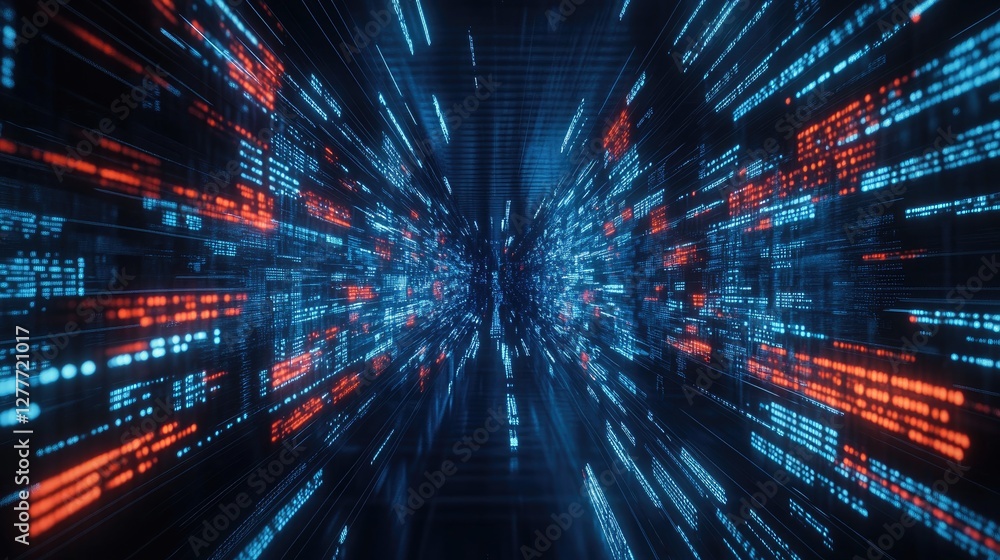 Poster digital data stream, a futuristic tunnel of binary code