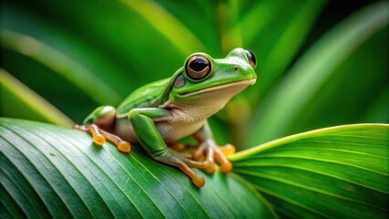 Fototapeta premium A vibrant green tree frog perched gracefully on a lush, broad leaf, its large, captivating eyes fixed on something beyond the frame, amidst a backdrop of verdant foliage