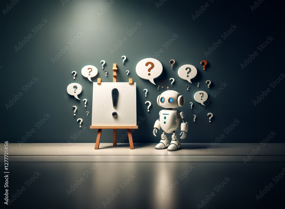 Poster a small white robot stands beside an easel featuring a bold exclamation mark. floating question mark