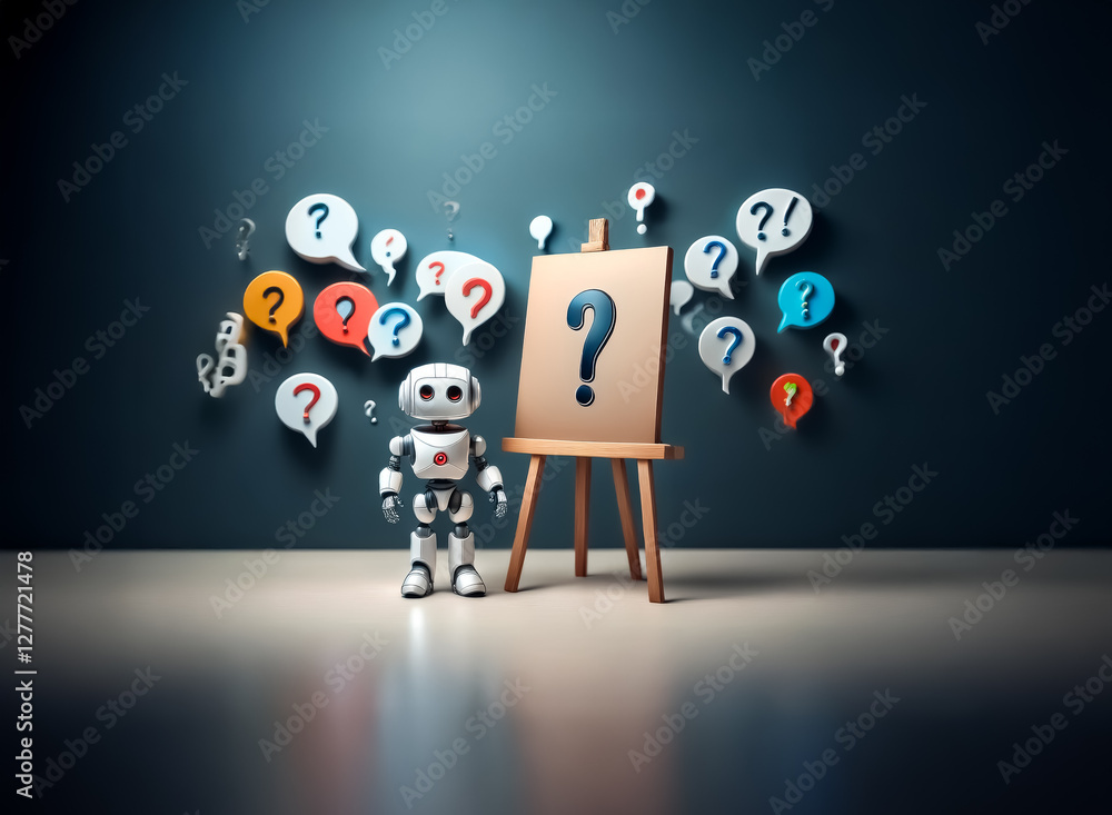 Poster a small robot is standing next to a wooden easel displaying a large question mark. colorful speech b