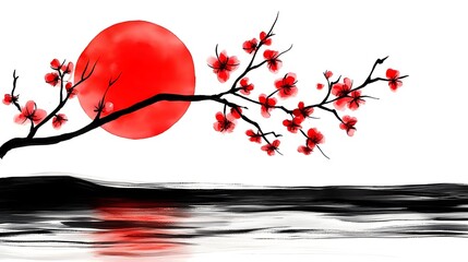 Serene Sunset with Cherry Blossoms Illustrating Tranquil Nature and Beauty in Graceful Harmony of Red and Black against a Calming Water Reflection