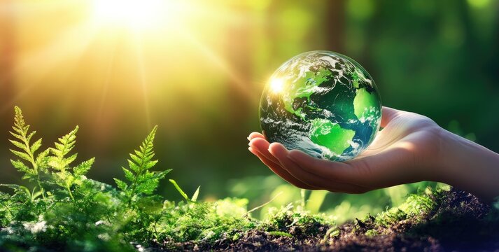 Child's hand holding Earth, forest background, sunrise, environmental conservation
