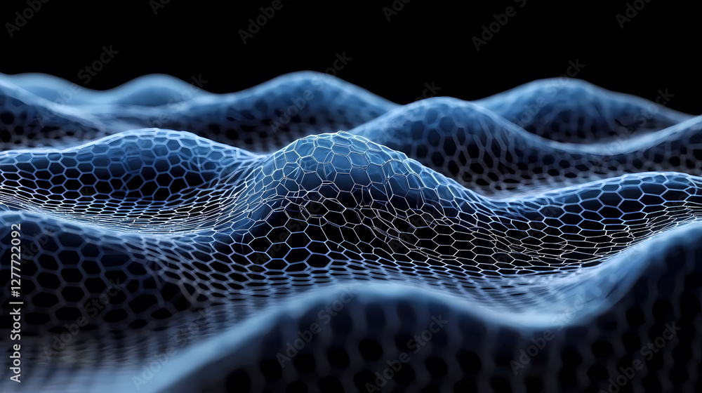Poster wave-like blue hexagonal grid pattern