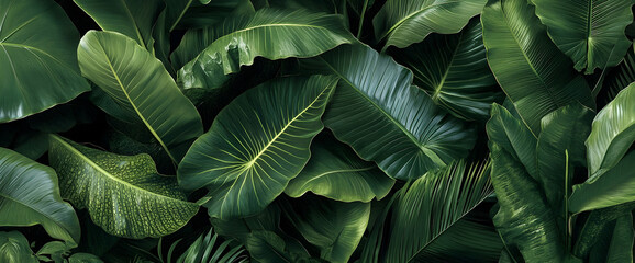 Fototapeta premium Lush tropical foliage, green leaves, jungle background, nature wallpaper