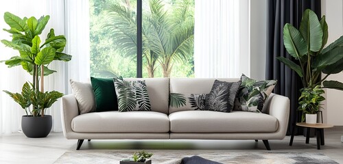 Stylish living room setup with a modern sofa, indoor plants, and decorative cushions