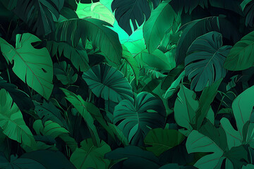 Fototapeta premium Lush Tropical Jungle Foliage, Sunlight, Nature Background, Wallpaper