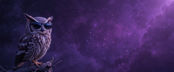 Owl with sunglasses perched on branch against starry purple night sky