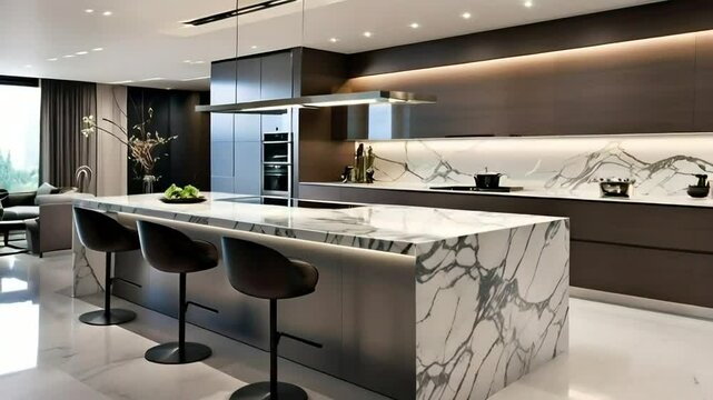 Modern kitchen island, luxury home, marble countertop, city view