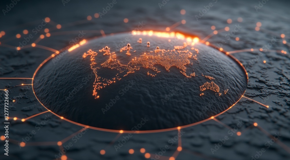 Poster global network illuminated world map digital connections communication technology int